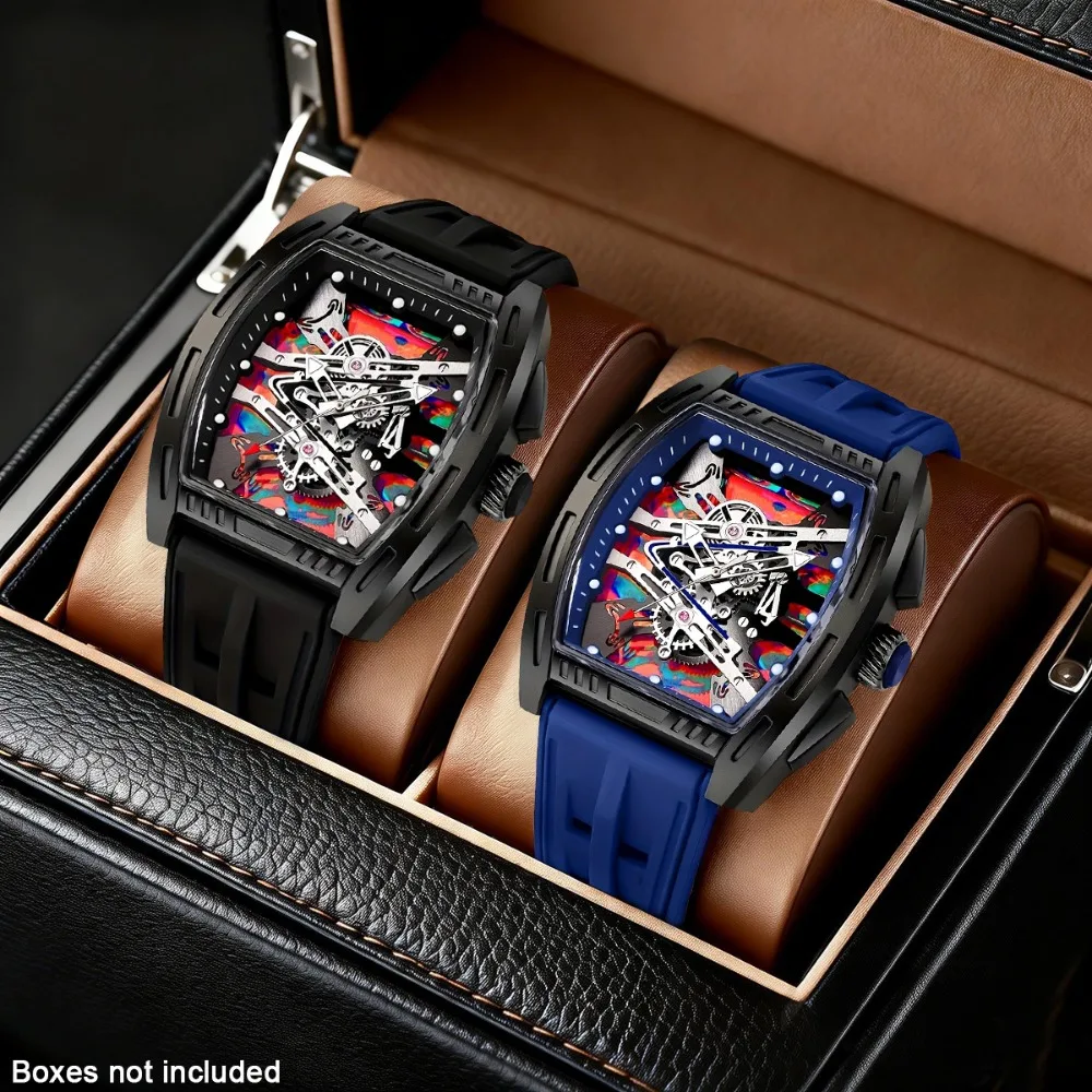 2-Piece/1-Piece Men's Stylish and Handsome Barrel-Shaped Quartz Watch with Silicone Strap – Wristwatch Set for Daily Wear
