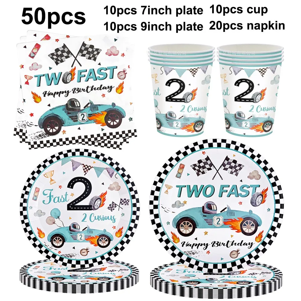 Racing Car Disposable Tableware PLates Cups Napkin Tablecloth Two Fast Birthday Party Decorations