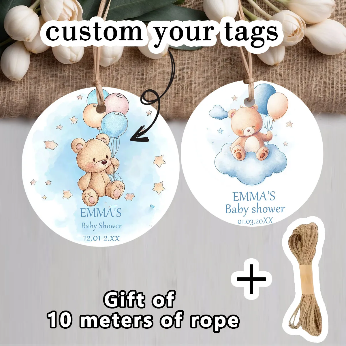 

90pcs customized personalized name birthday cards, suitable for wedding baptism party gift packaging (includes 10-meter rope)