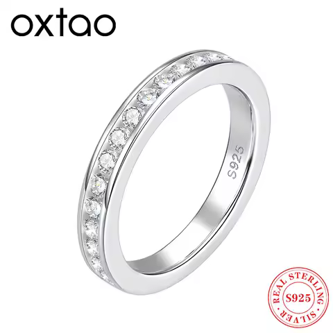 OXTAO Full Moissanite Wedding Ring Certified 925 Silver Half Eternity Band Ring Jewelry for Women Men 2mm D Color Channel Set