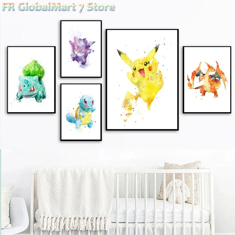 Japanese Anime Pokemon Watercolor Poster Video Game Prints Pikachu Canvas Painting Wall Art Nordic Children Bedroom Wall Deco