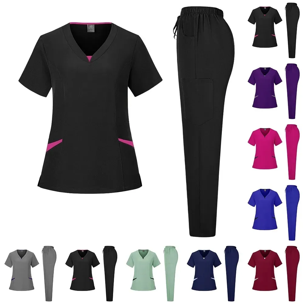 مستشفى طبيب التمريض مجموعة للجنسين الجراحية عداء ببطء البدلة قصيرة الأكمام الخامس الرقبة القمم ممرضة السراويل الصيدلة الزي الطبي بالجملة