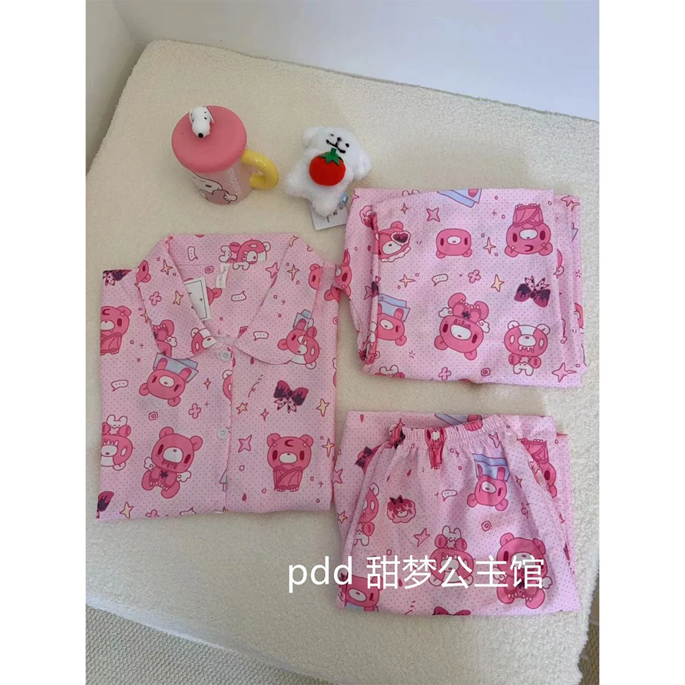 3Pcs Women Kawaii Gloomy Bear Print Pajamas Set Doll Lapel Long Sleeve Trousers Sleepwear Cute Cartoon Loungewear Home Clothes