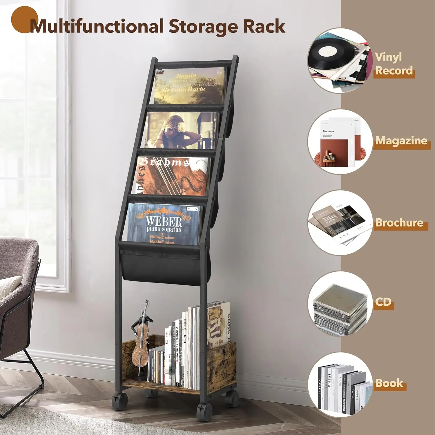4-stufiger Schallplatten-Aufbewahrungsständer für 100 Alben, bewegliches Ausstellungsregal für Schallplatten, Bücher, Zeitschriften