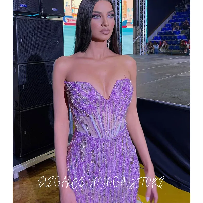 EVS Purple Glitter Spaghetti Straps Party Dresses Mermaid Cocktail Dress Customized Evening Gowns Arabic Long Prom Dress 2025 Ro