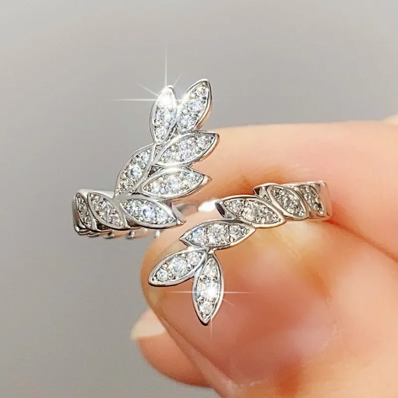 CAOSHI Leaf Shaped Opening Adjustable Ring Silver Color Dazzling Zirconia Finger Accessories for Women Delicate Party Jewelry