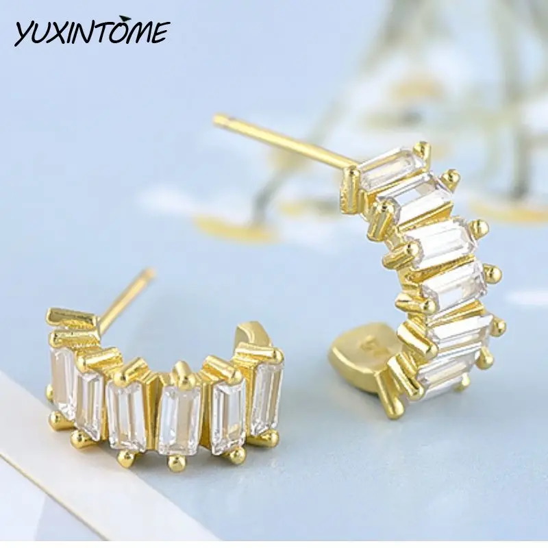

925 Sterling Silver Needle Europe America Classic and Versatile Irregular Rectangular Zircon C-shaped Earrings Jewelry Gifts