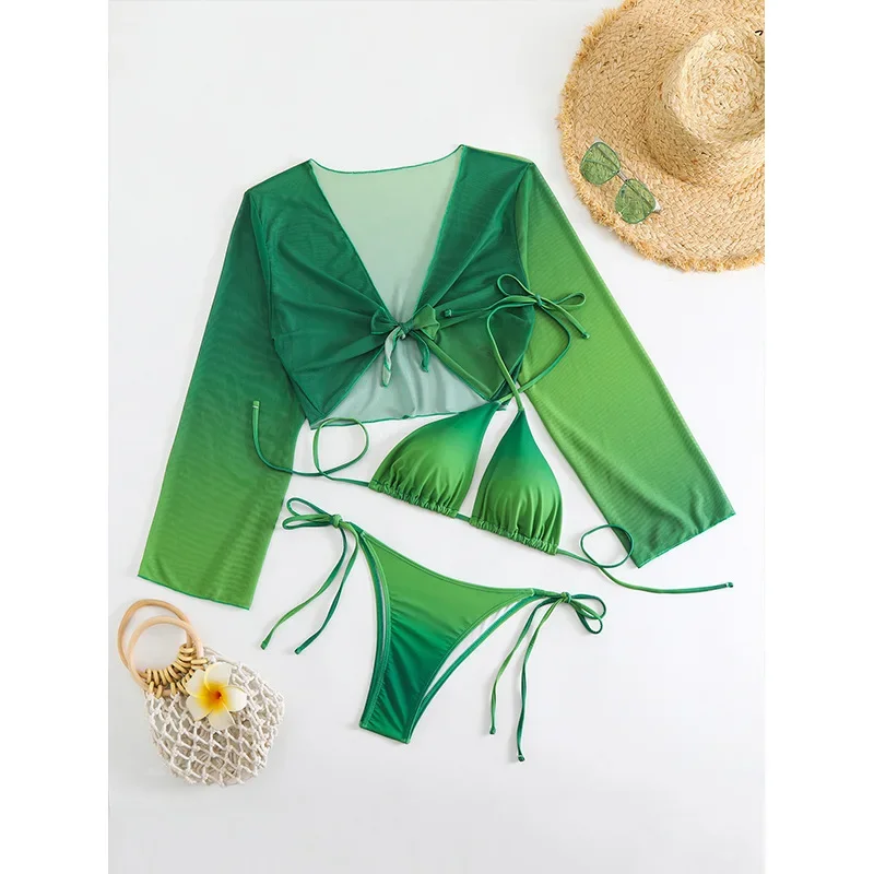 

Сексуальный зеленый комплект бикини 2025, женский топ с лямкой на шее и длинными рукавами, комплект из 3 предметов, летний купальный костюм, женские стринги, бикини, новинка