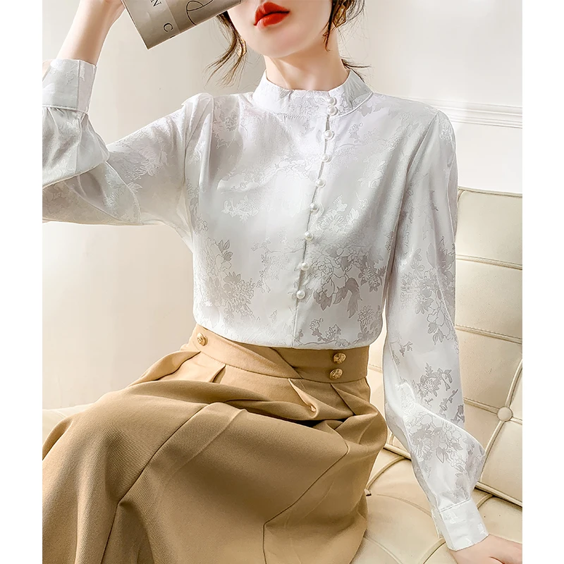 New 2024 Spring Women Shirts & Blouses Beading Long Sleeve Chiffon Blouse Women Chinese Style Elegant Woman White Top Mujer