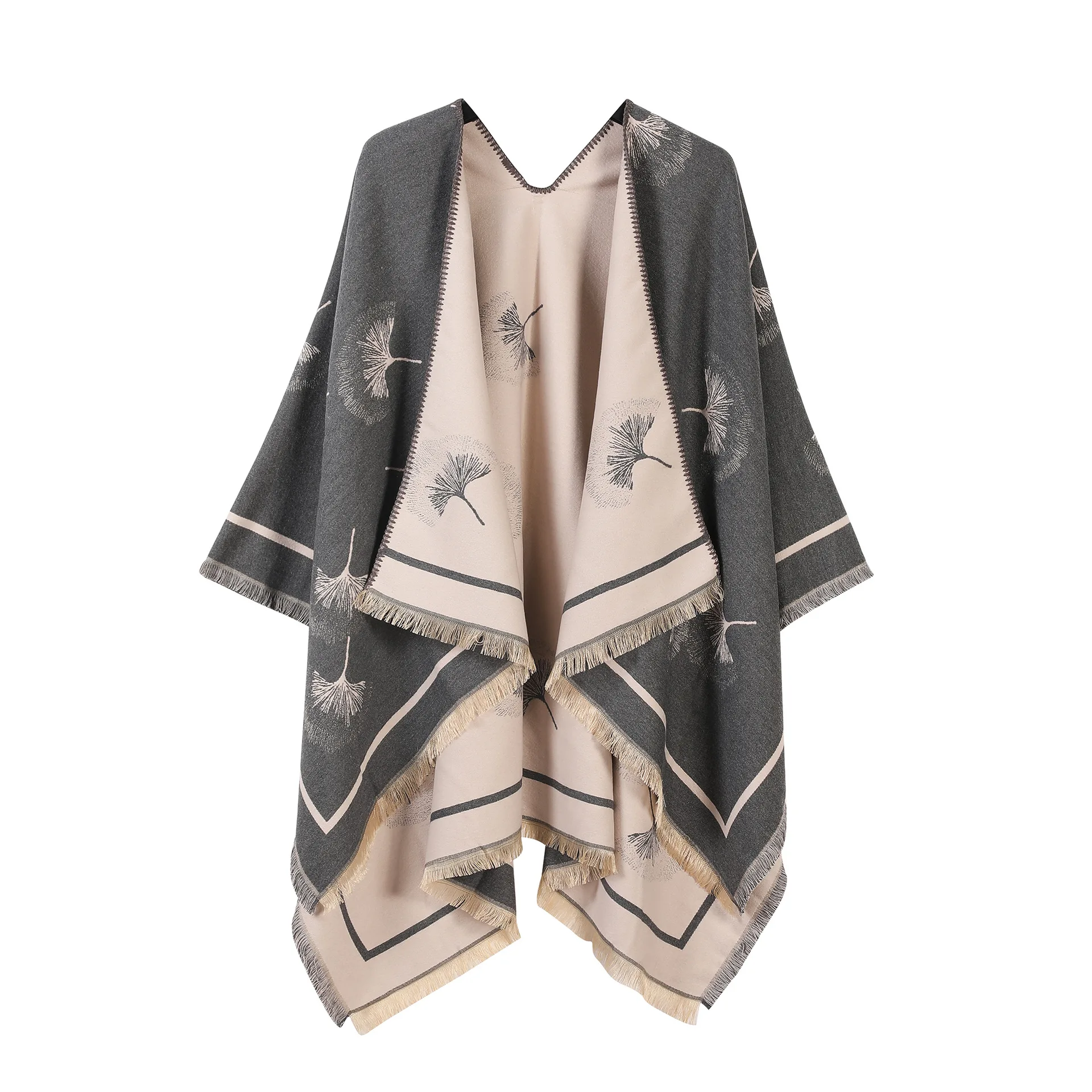 Autumn and winter double-sided Cloak gingko leaf slit shawl retro tassel cape travel photography atmosphere warm Poncho 1