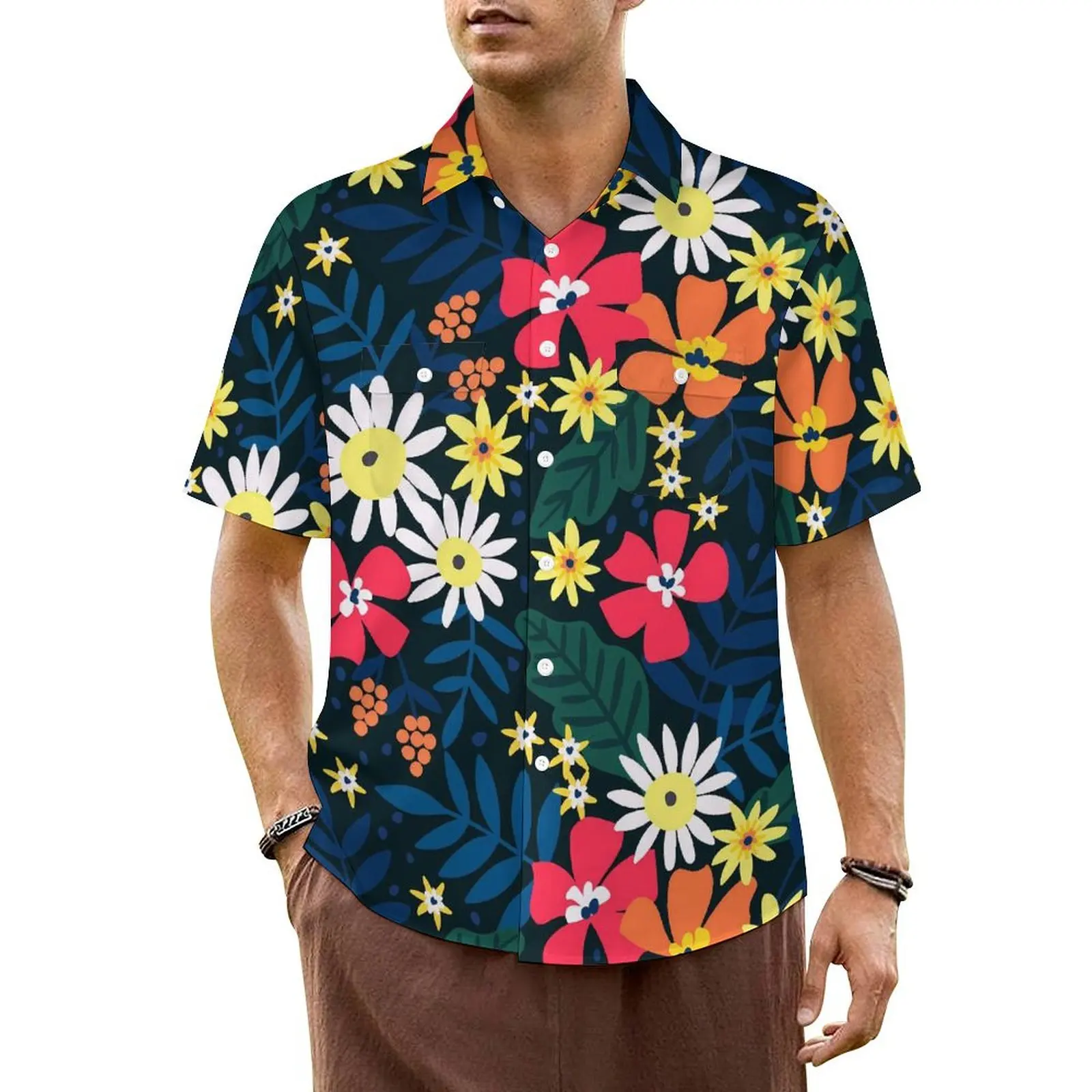 

Пляжная рубашка с красными и белыми ромашками и цветочным принтом, гавайские повседневные рубашки, мужские элегантные блузки с короткими рукавами, уличная одежда Y2K