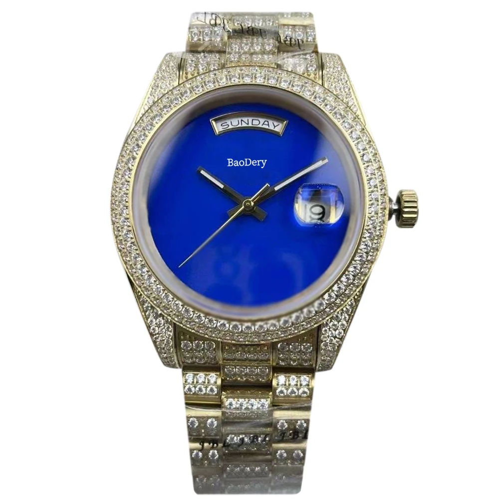 

Модные мужские часы диаметром 41 мм, часы с бриллиантами, механический механизм и окошко календаря, лучшие подарки для мужчин