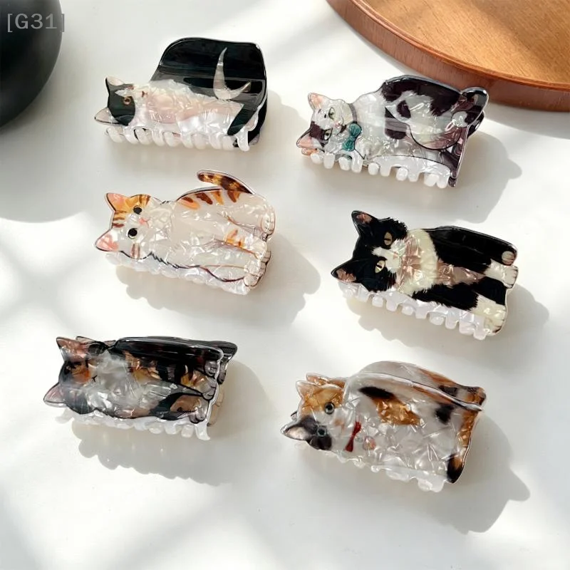 Cute Cat Print Hair Claw Clip Anti Slip Strong Grip Shark Clips Hair Accessories For Women Girls Daily Party Washing Makeup[G31]