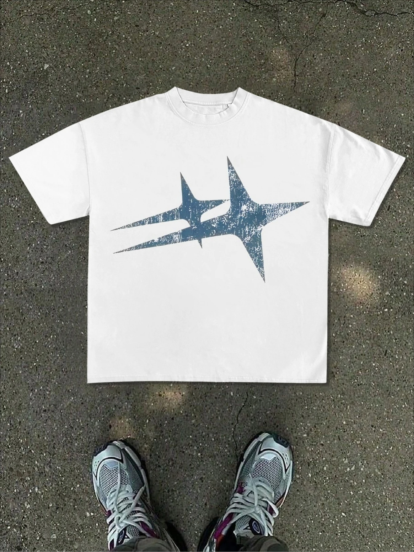2026 Men Distressed Star Graphic T‑Shirt Vintage Cracked Pentagram Print O‑Neck Short Sleeve Oversized Streetwear Tees