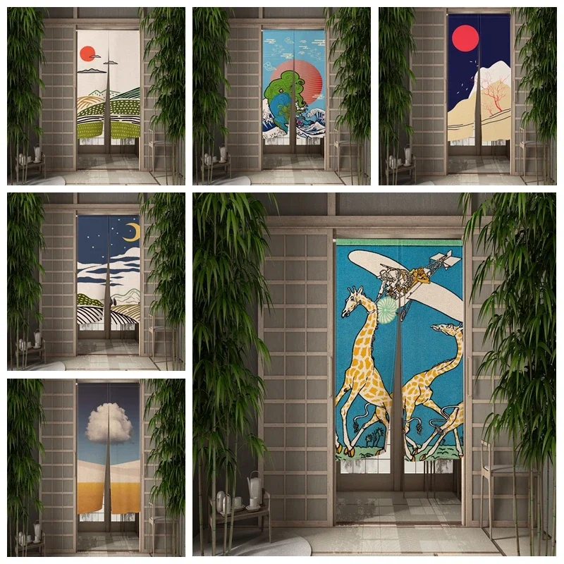 Japanese Anime Giraffe Door Curtain Kitchen Door Curtain Cartoon Partition Curtains Drapes Entrance Decor Hanging Half-Curtains