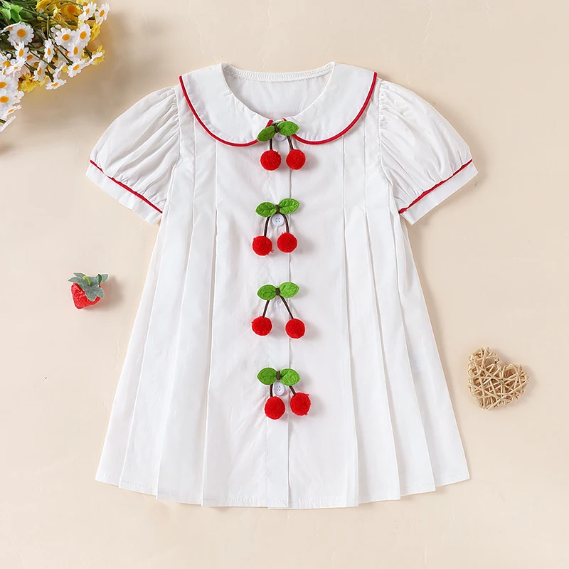 Baby Girl Summer Dress Short Sleeve Doll Collar 3D Cherry Front A-Line Dress Toddler Casual Dress