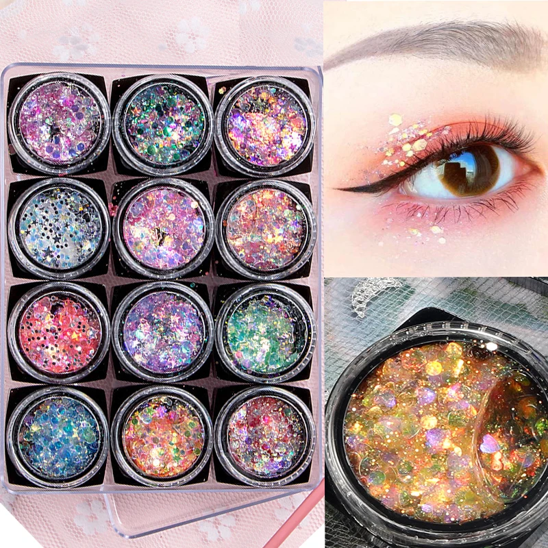 12 colors Gel Sequins Body/face Art Glitter Aurora Mermaid Star/moon/heart Shiny Sequin Decoration For Girls Dance Party Make Up