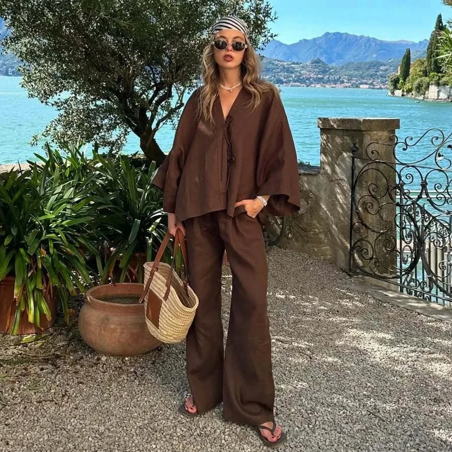 

2025 Spring Summer New Tied V Neck Short Sleeve Top Wide Leg Pants Pure Cotton Casual Two Piece Set Women Outfit