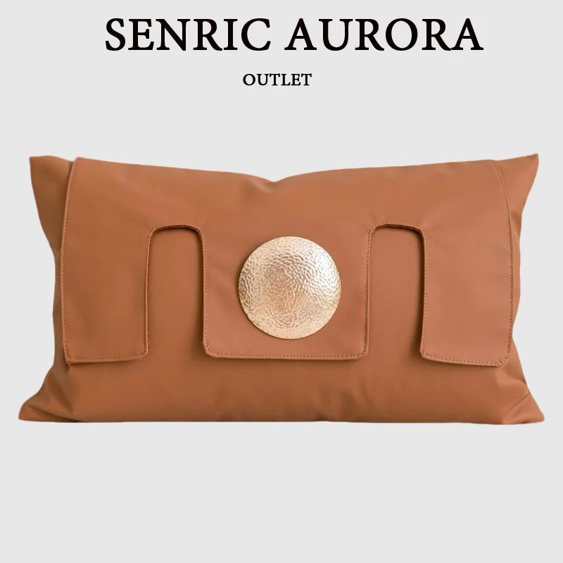 Luxury Cushion Cover French Style Golden Round Buckle Decorated Orange Leather Waist Pillow Case 30x50cm For Home Hotel Sofa Bed