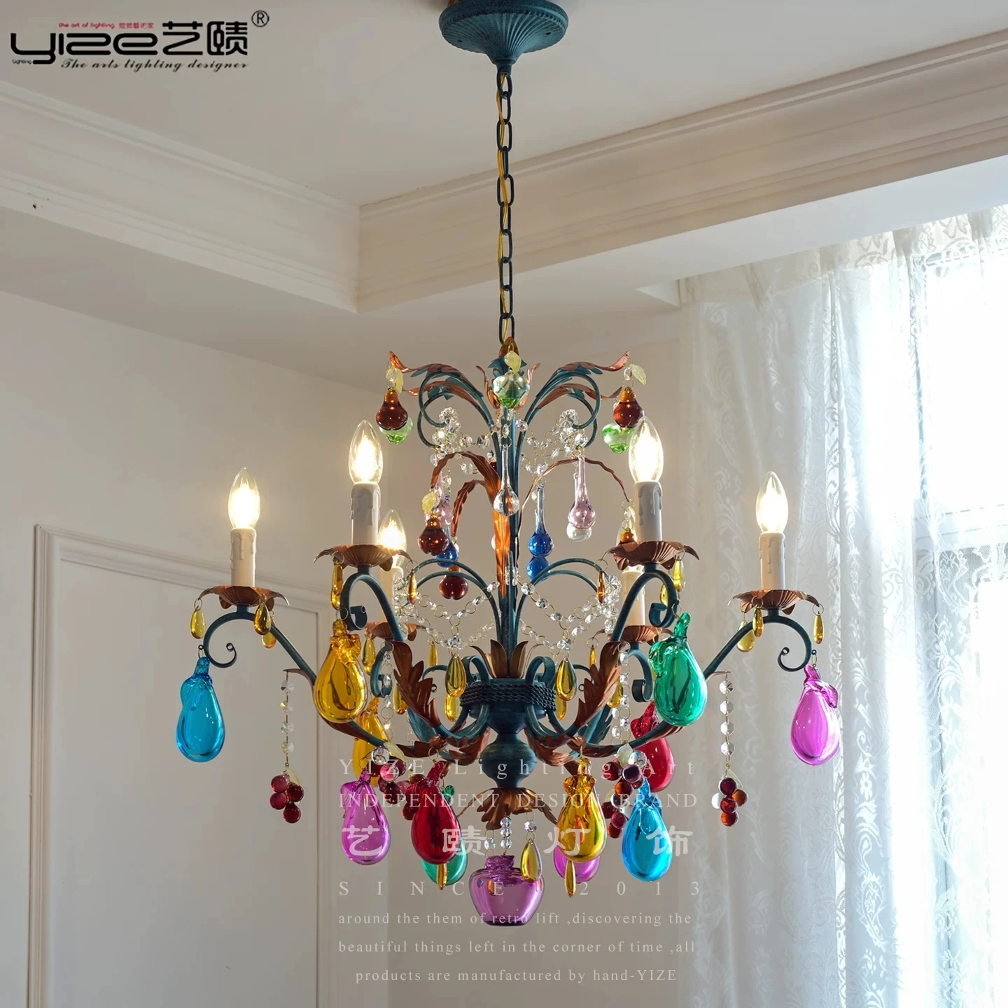 French pendant light, colored art glass, fruit, living room, dining room, bedroom, vintage candle hanging lamp