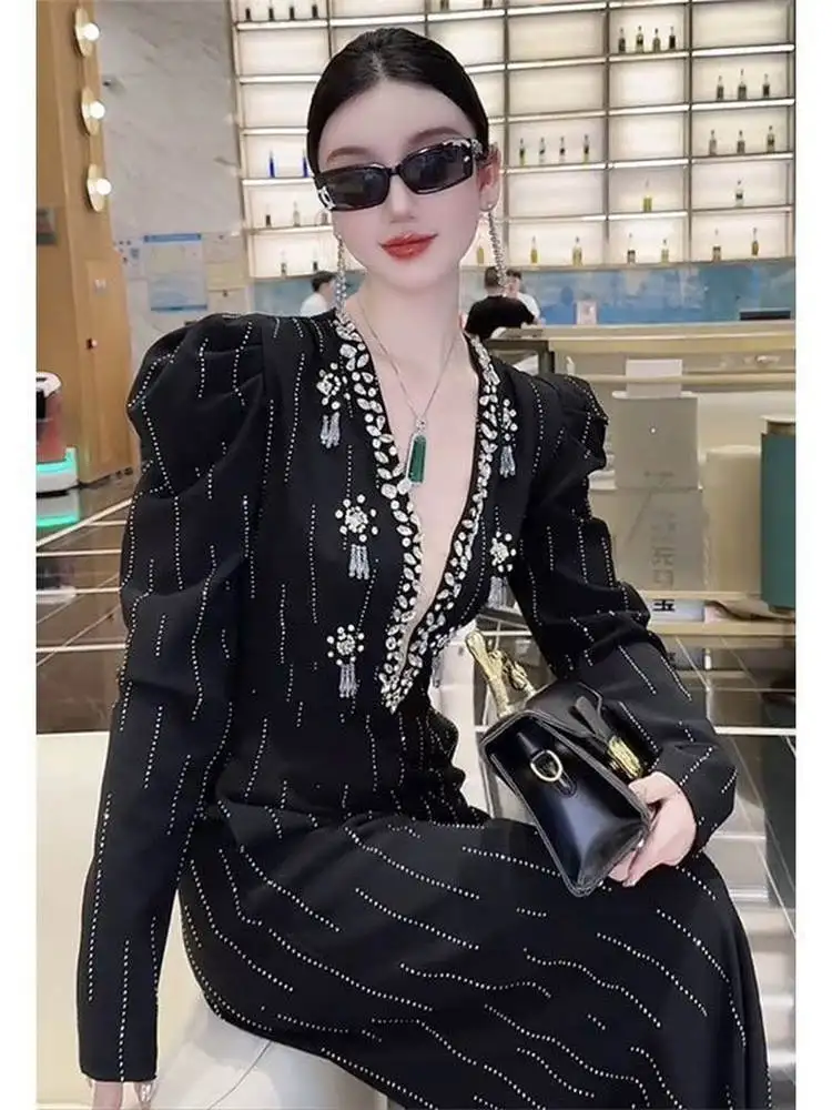 

Slimming Wide Leg Pants Fashionable Bubble Sleeve V Neck Heavy Embellished Women's Jumpsuit Commute Style High Wais...