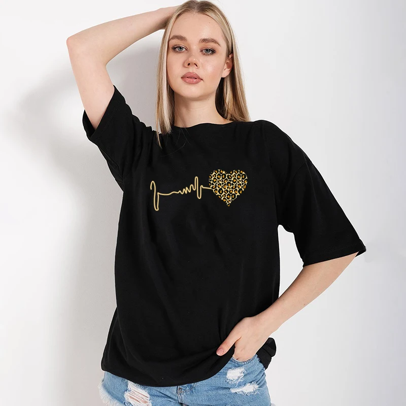 Summer 90's Leopard Heartbeat Short Sleeve Women's Oversized T-Shirt Harajuku Graphic T Shirt Women's Top 100%Cotton Clothes 5XL