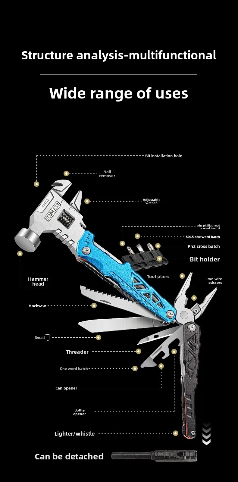 

Outdoor camping multi-function round head hammer stainless steel folding nail hammer pliers emergency vehicle combinatool hammer