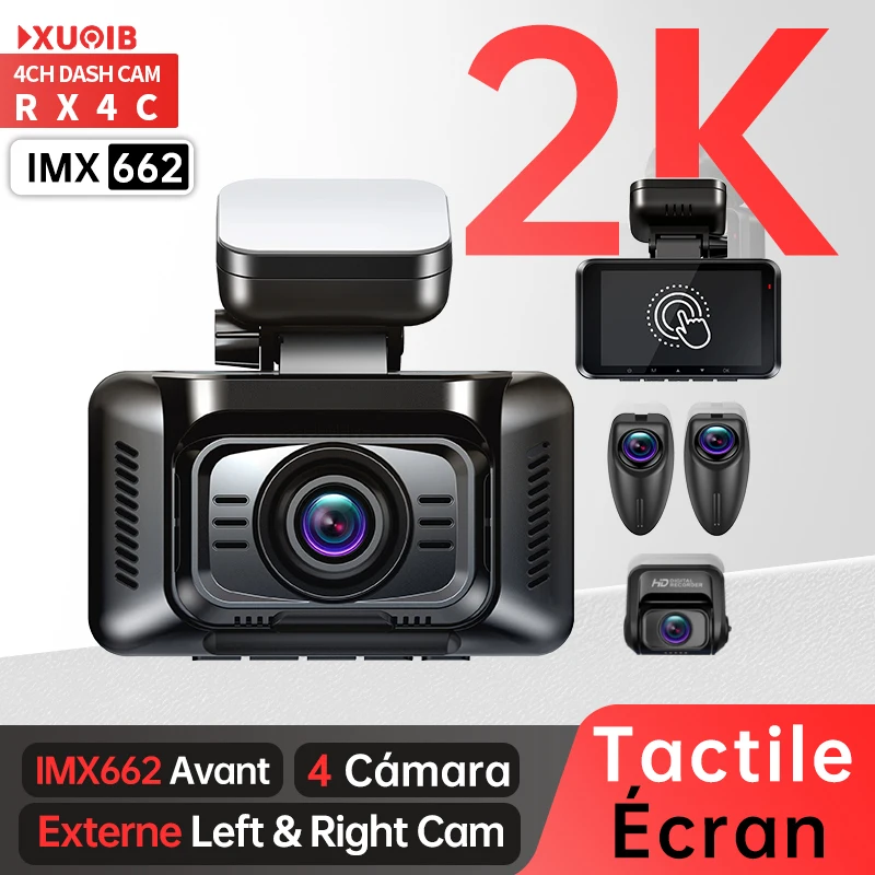 Caméra embarquée GPS XUOIB RX4C 2K 4 canaux pour voiture, avec caméras externes gauche et droite IMX662, écran tactile 4 pouces, prise en charge du moniteur de stationnement 24H