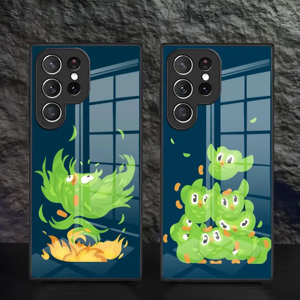 Funda para Teléfono Duolingo Owl Duo 2 para Samsung S26 S25 S24 FE S23 S22 S21 Plus S20 Ultra Note20Ultra, Cubierta de Vidrio Negro