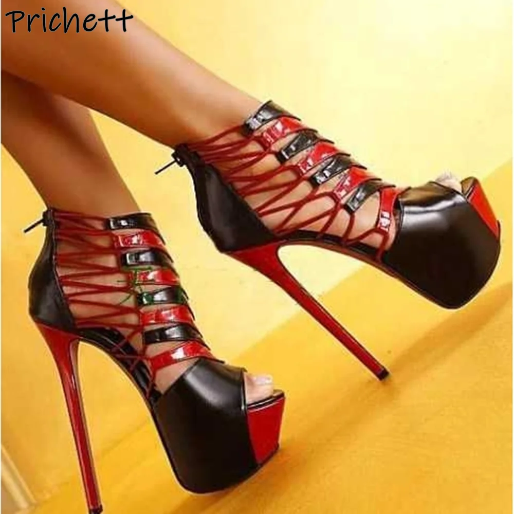 

Black Red High Heels Sandals Platform Hollow Peep Toe Leather Cross Tied Zipper Cross Tied Patchwork Sandals Sexy Summer Shoes