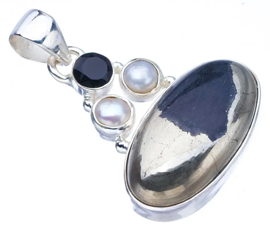 

Hesy® Natural Apache Gold Stone Black Onyx And River PearlHandmade 925 Sterling Silver Pendant 1.5" F3639