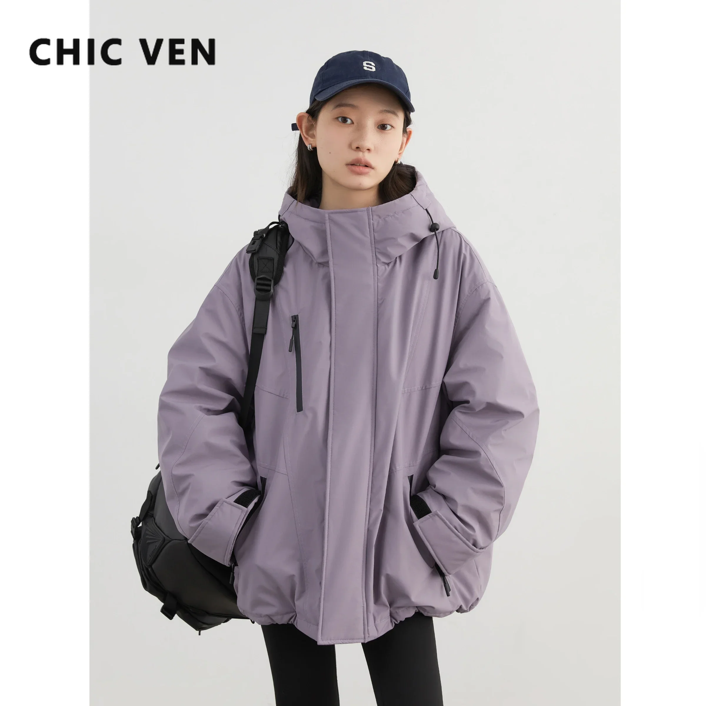 CHIC VEN Women Down Jacket Loose Outdoor Stand Up Collar Hooded 90 White Duck Down Lady Sport Coat Winter 2024 Female Clothing