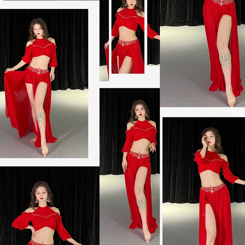 Tuta da lavoro per performance sul palco per donne adulte, pratica, allenamento, costume di danza del ventre, abito sexy, set da 2 pezzi, top e gonna