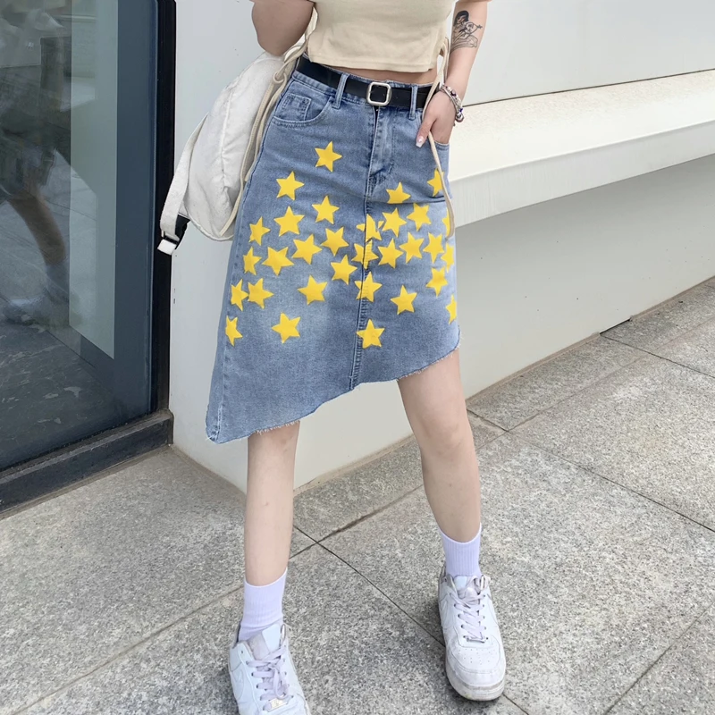 

Korean Trend Summer Women Irregular Denim Skirt Vintage Ripped A-Line High Waist Skirts Harajuku Printed Pocket Jean Saia Mujer