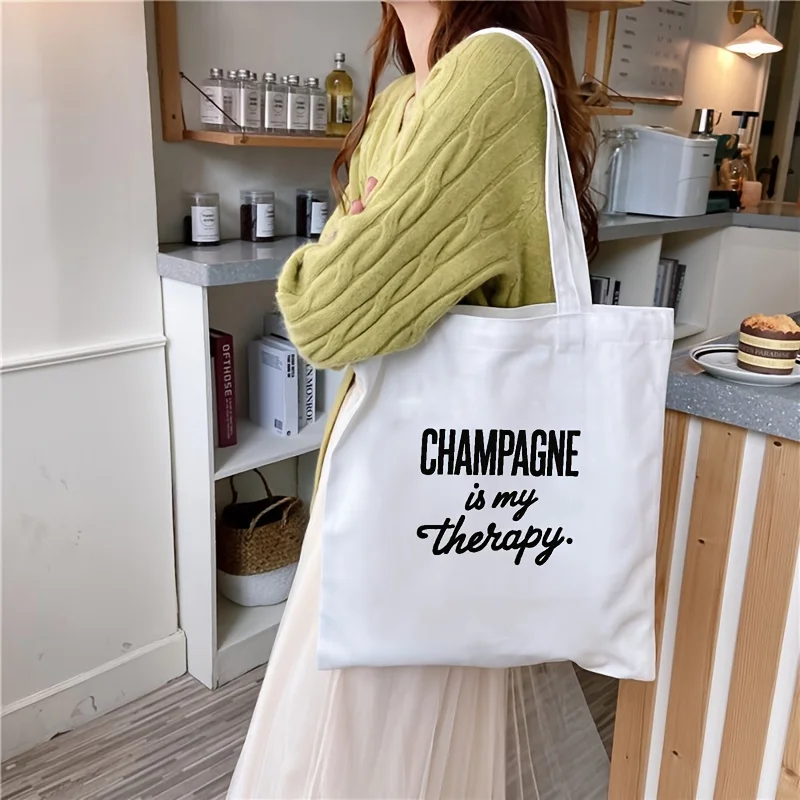 

Single Shoulder Bag Tote Handbag for Women Champagne Is My Text Print Fashionable Minimalist Design Large Capacity Vacation Bags