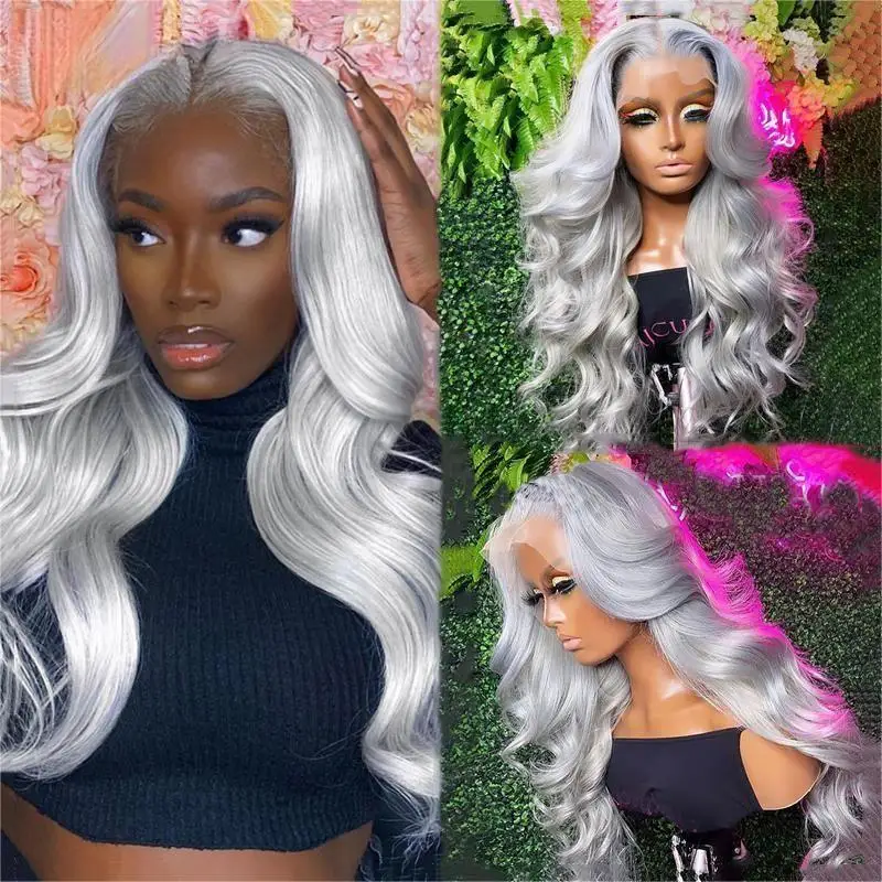 High Quality Grey Body Wave Brazilian Colored Human Hair Wig 13x4 Transparent Lace Frontal Wigs Cosplay For Women Pre Plucked