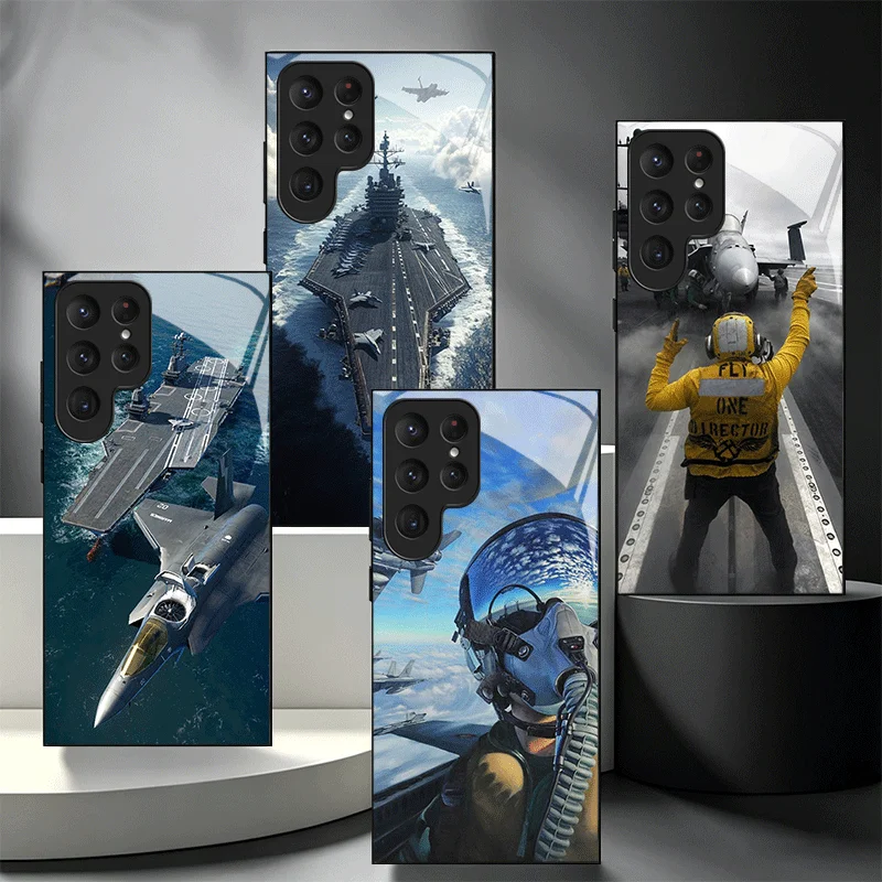 Warship Fighter Aircraft Carrier Glass Phone Case for Samsung Galaxy S26 S25 S24 S23 Ultra Edge S22 S21 Plus S20 FE Shockproof C