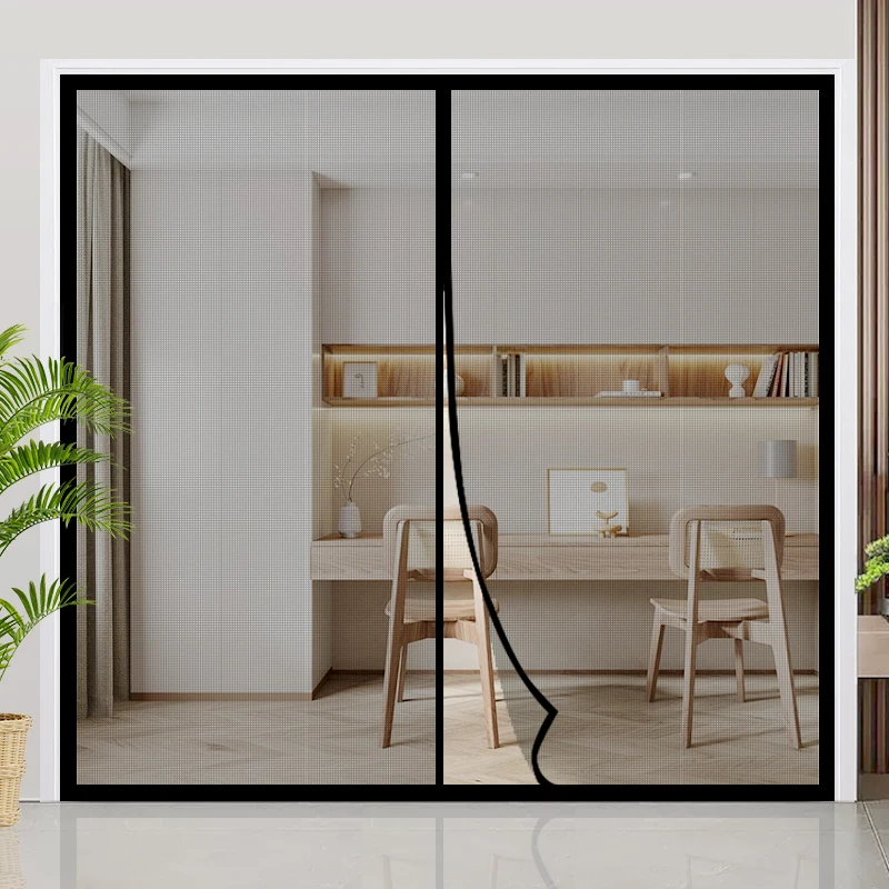 Extra Large Summer Black Fiberglass Mesh Magnetic Screen Door for Home No-Drill Mosquito Proof Breathable Soft Screen Door Curta