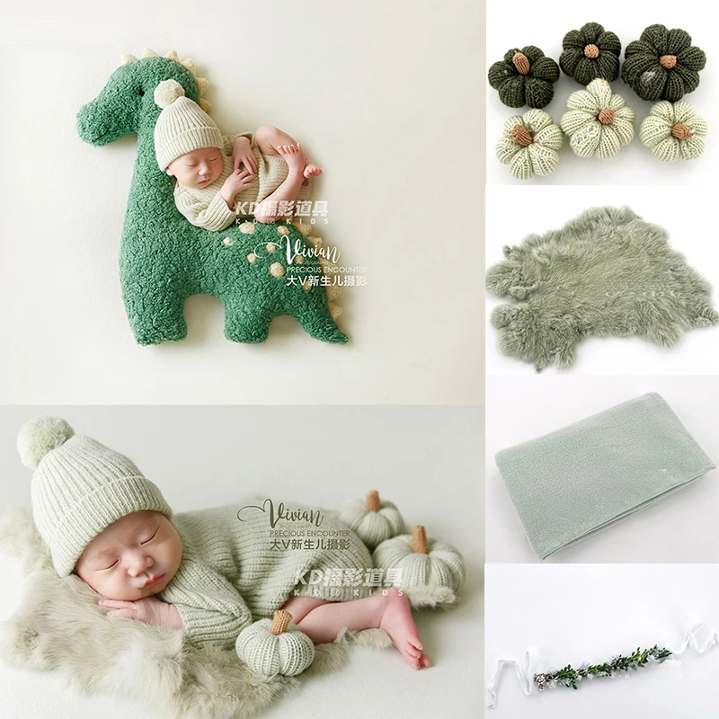 Newborn Photography Props Green Theme Soft Plush Dinosaur Toys Handmade Knitted Hat Pumpkin Blankets Baby Accesorios Fotografia