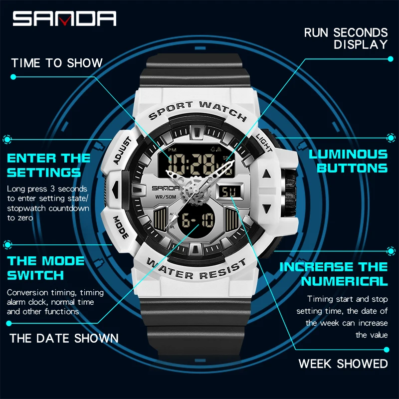 Sanda Men Military Sport Wrist Watch Yellow Blue Quartzwaterproof Dual Display Male Clock Watches Relogio Masculino 3129 3128