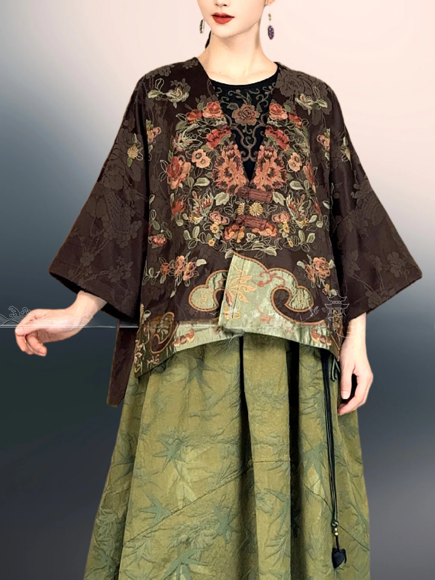 

Heavy Embroidery High-Defn oulder-Drop awl Coat Women's Chinese Sle Ethnic Faion Cus-Made V-Ne Cotton Top