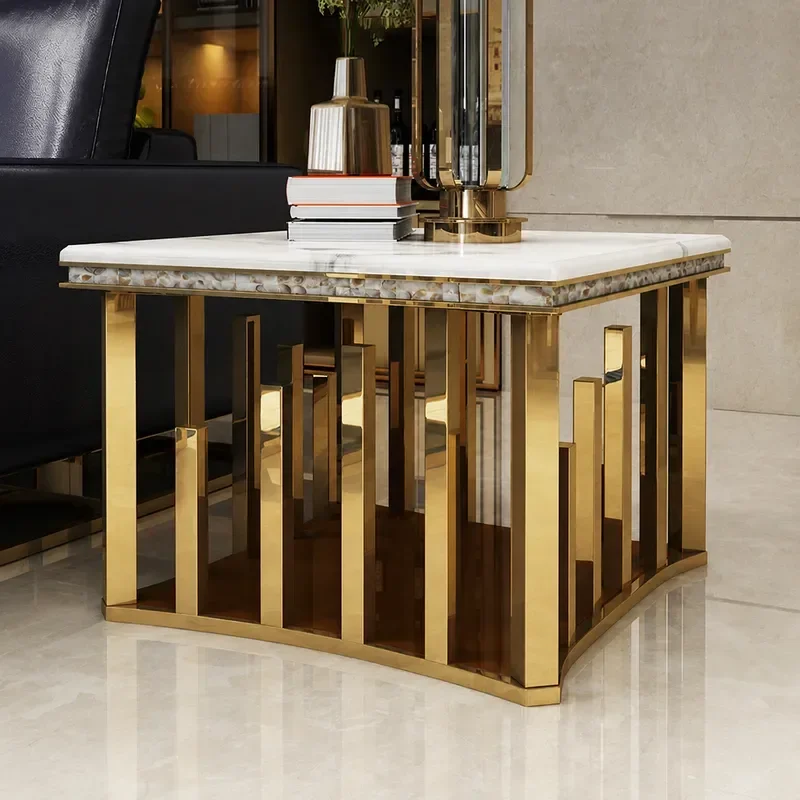 Modern Stainless Steel Side Table with Marble Top and Tempered Glass Shelf for Living Room Coffee Table End Table