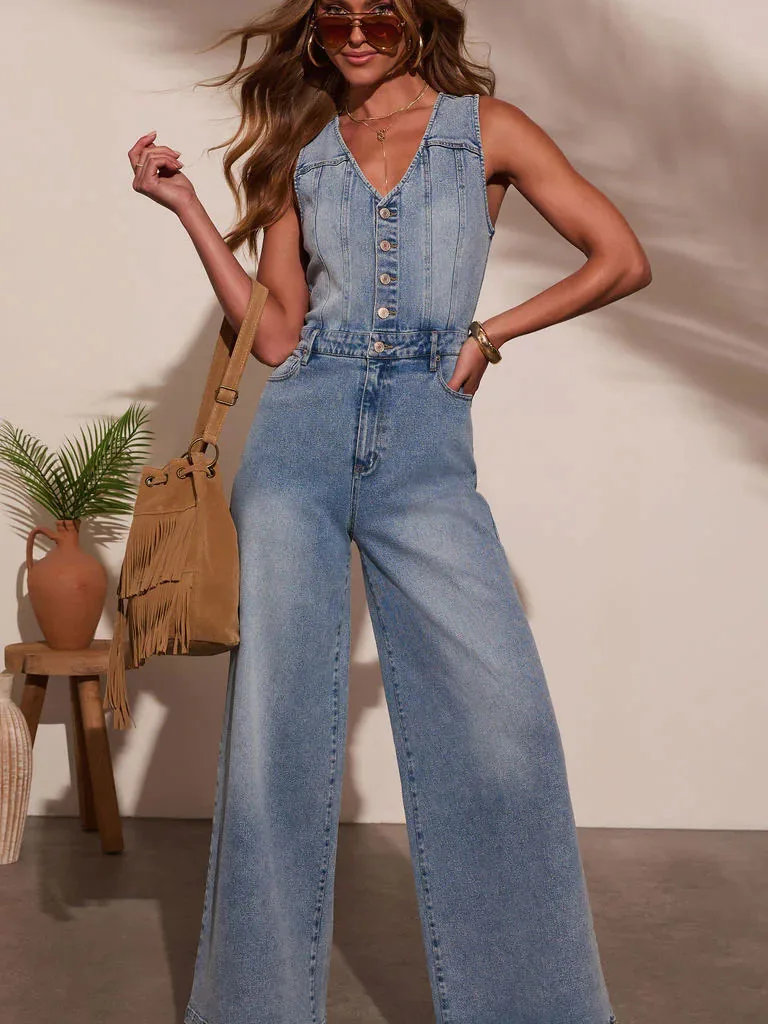 

Women's V-ne Denim Jumpsuit Pants Svel High-waisted Wide-leg Long Pants Spring Thin Fabric Comfortable Ladies Suit