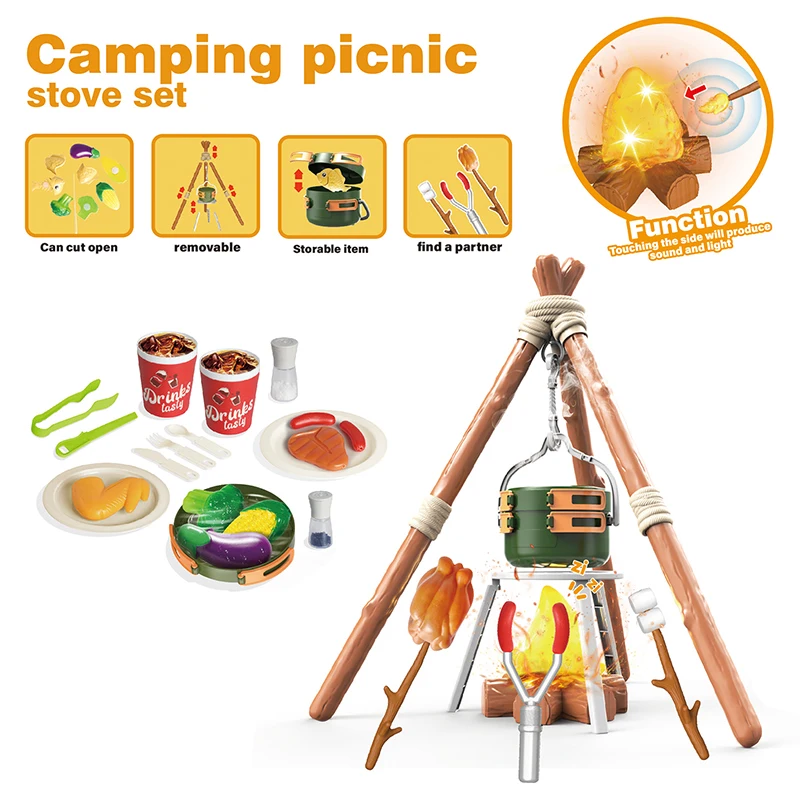 51PC Simulated Campfire Camping Set Toys With Electric Lights Music Kids Educational House Play Food Picnic Game Christmas Gifts