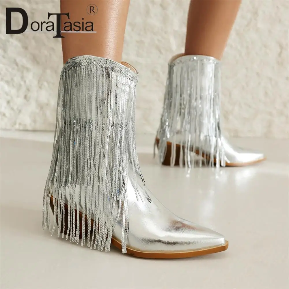 

Plus Size 48 Brand New Ladies Pointed Toe Cowboy Boots Fashion Fringe Chunky Heels women's Boots Casual Party Woman Shoes