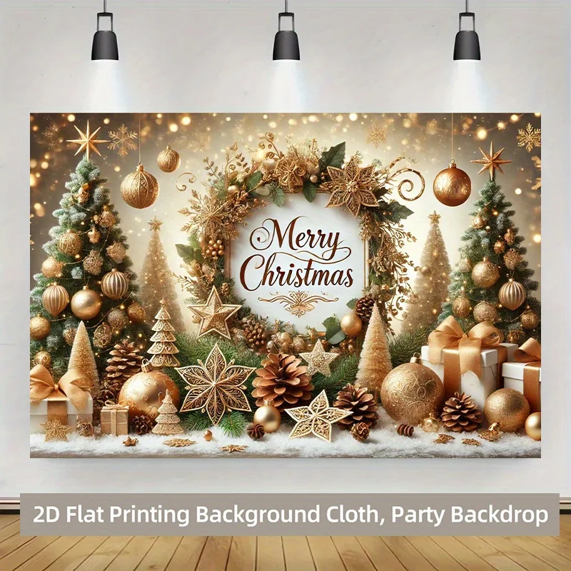 2D Flat, 2D Flat Banner, 1pc 2D Background Cloth, Golden Christmas Theme Decor Vibrant Backdrop for Family Gatherings, Weddings,