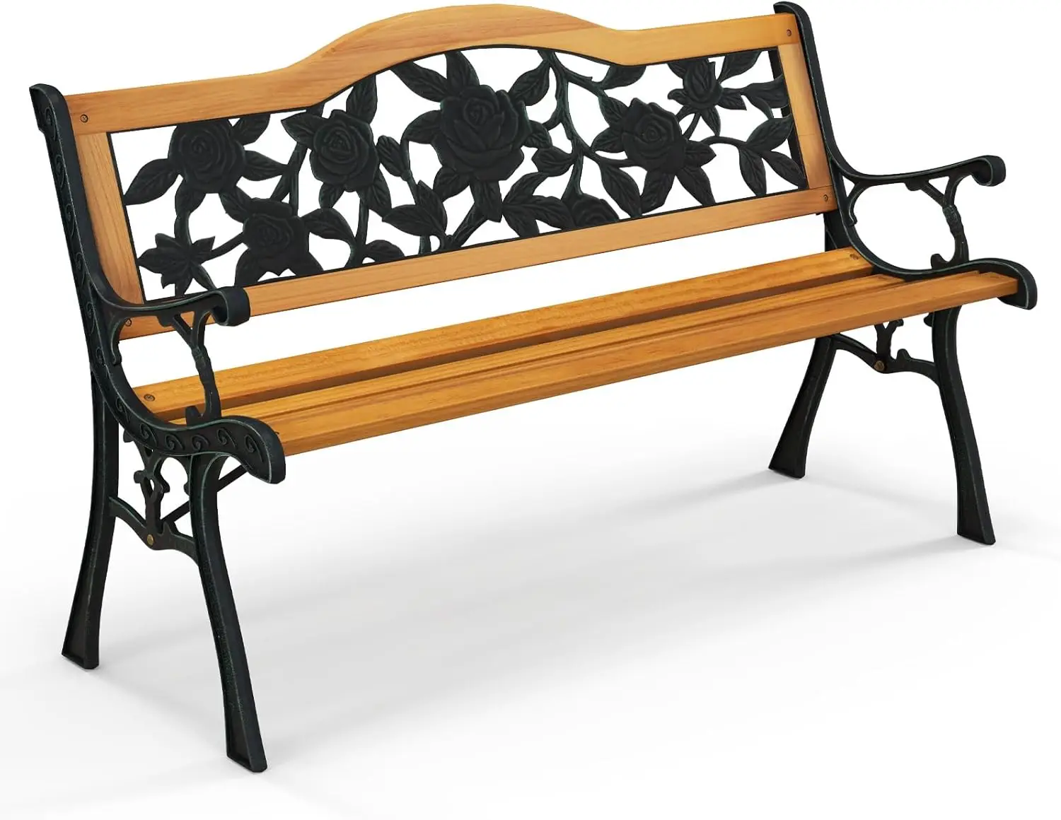 Outdoor Garden Bench Park Bench, Patio Furniture Bench Chair with Cast Iron & Hardwood Structure, Weather Proof Porch Loveseat,