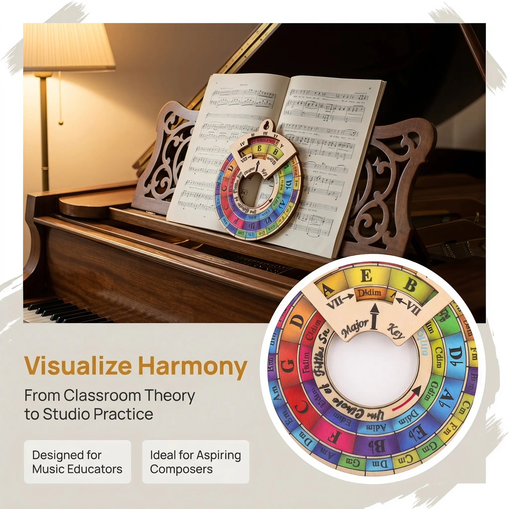 Wooden Circle of Fifths Decoder Wheel Ukulele Poster Chord Melody Tool Guitar Beginner Music Learning Accessory