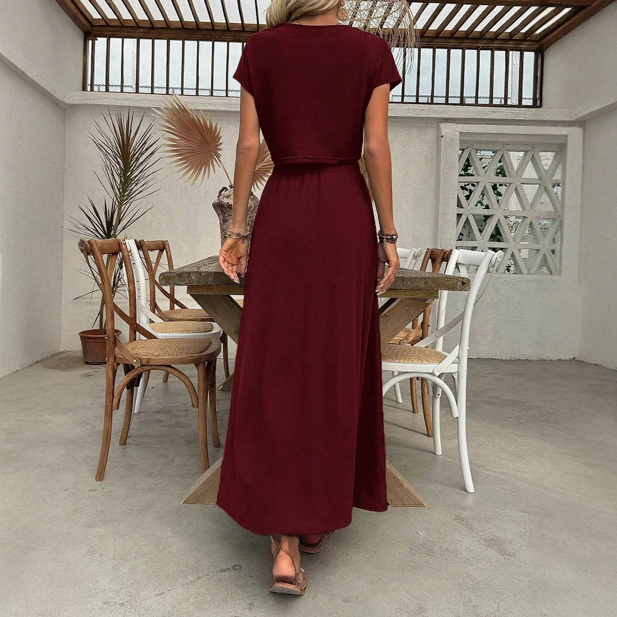 مجموعات الصيف عادية عادي قصيرة الأكمام الجولة الرقبة تي شيرت عالية الخصر الجانب الشق ميدي التنانير مكتب سيدة مجموعات للنساء