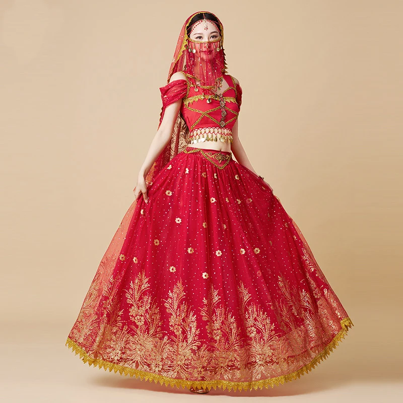 Costume de Princesse Indienne pour Femme, Robe de brevdu Ventre, Manches Courtes, Haut Transporté + Jupe Longue, pour Spectacle d'Halloween